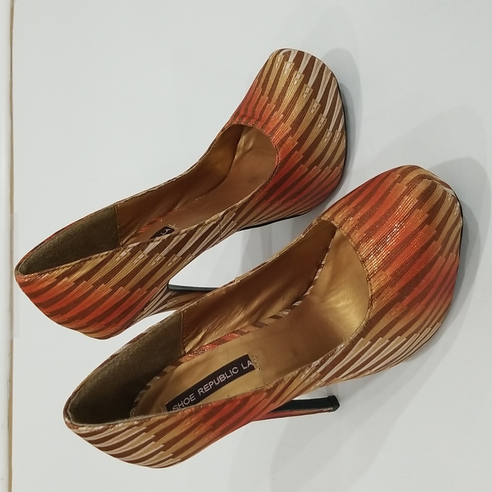 Shoe Republic LA Cheker Brown Orange Glitter Gold Platform Heels